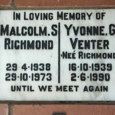 RICHMOND Malcolm S. 1938-1973 :: VENTER Yvonne G. nee RICHMOND 1939-1990