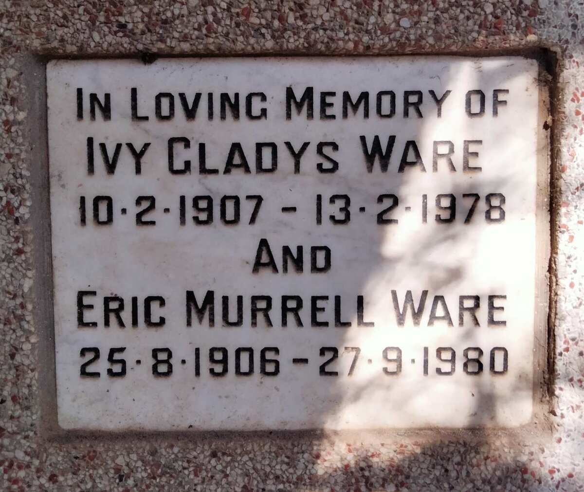 WARE Eric Murrell 1906-1980 & Ivy Gladys 1907-1978
