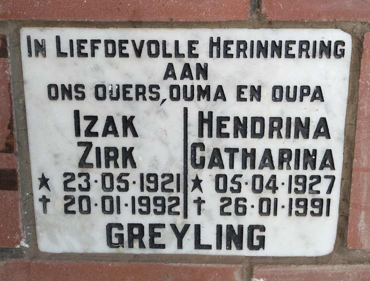 GREYLING Izak Zirk 1921-1992 & Hendrina Catharina 1927-1991
