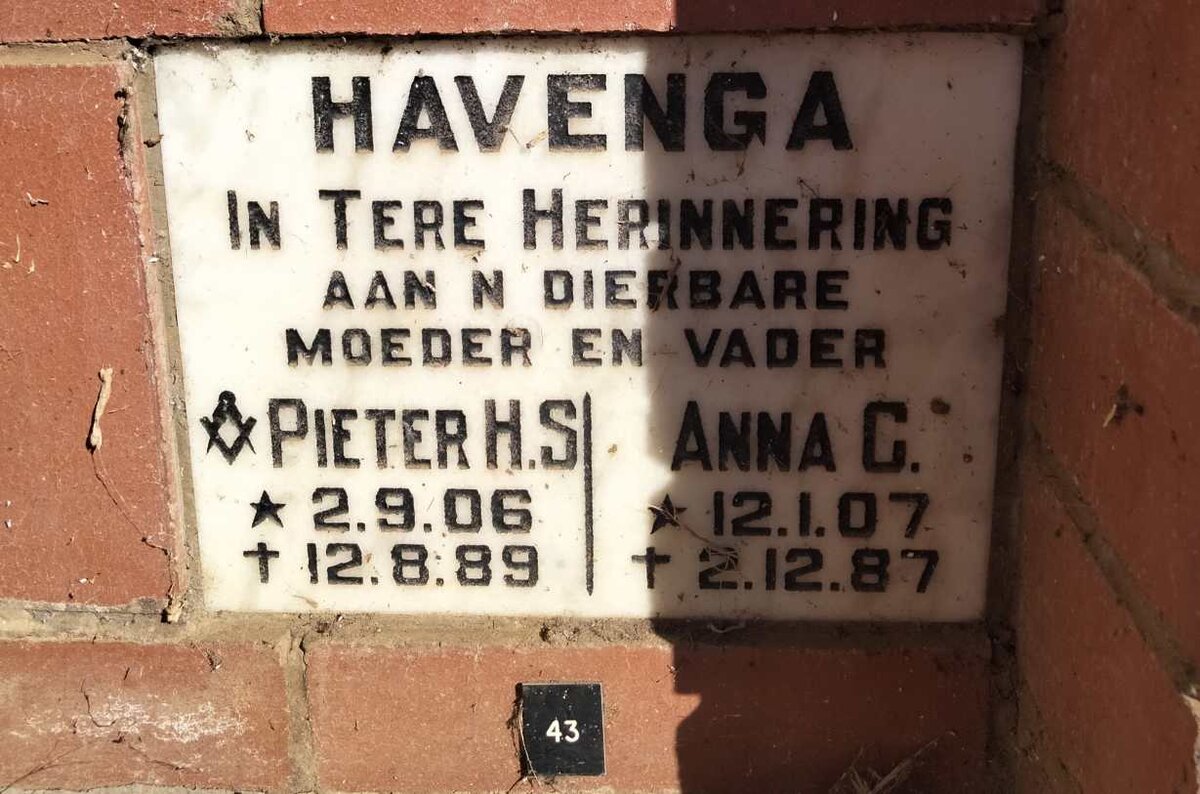 HAVENGA Pieter H.S. 1906-1989 7 Anna C. 1907-1987