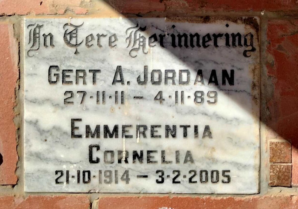 JORDAAN Gert A. 1911-1989 & Emmerentia Cornelia 1914-2005