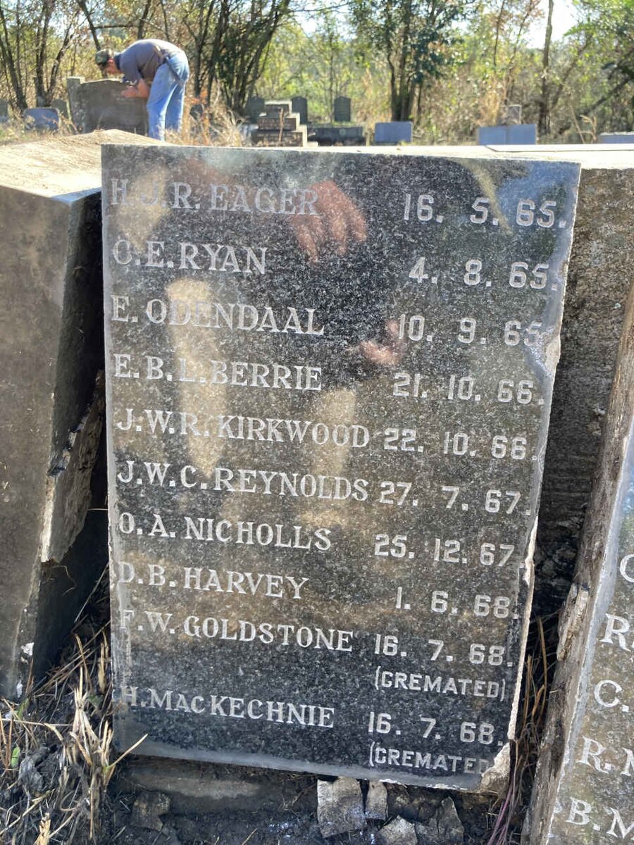 EAGER H.J.R. -1965 :: RYAN C.E. -1965 :: ODENDAAL E.O. -1965 :: BERRIE E.B. -1966 :: KIRKWOOD J.W.R. -1966 :: REYNOLDS J.W.C. -1967 :: NICHOLLS O.A.-1967 :: HARVEY D.B. -1968 ::GOLDSTONE F.W. -1968 :: MACKECHNIE H. -1968