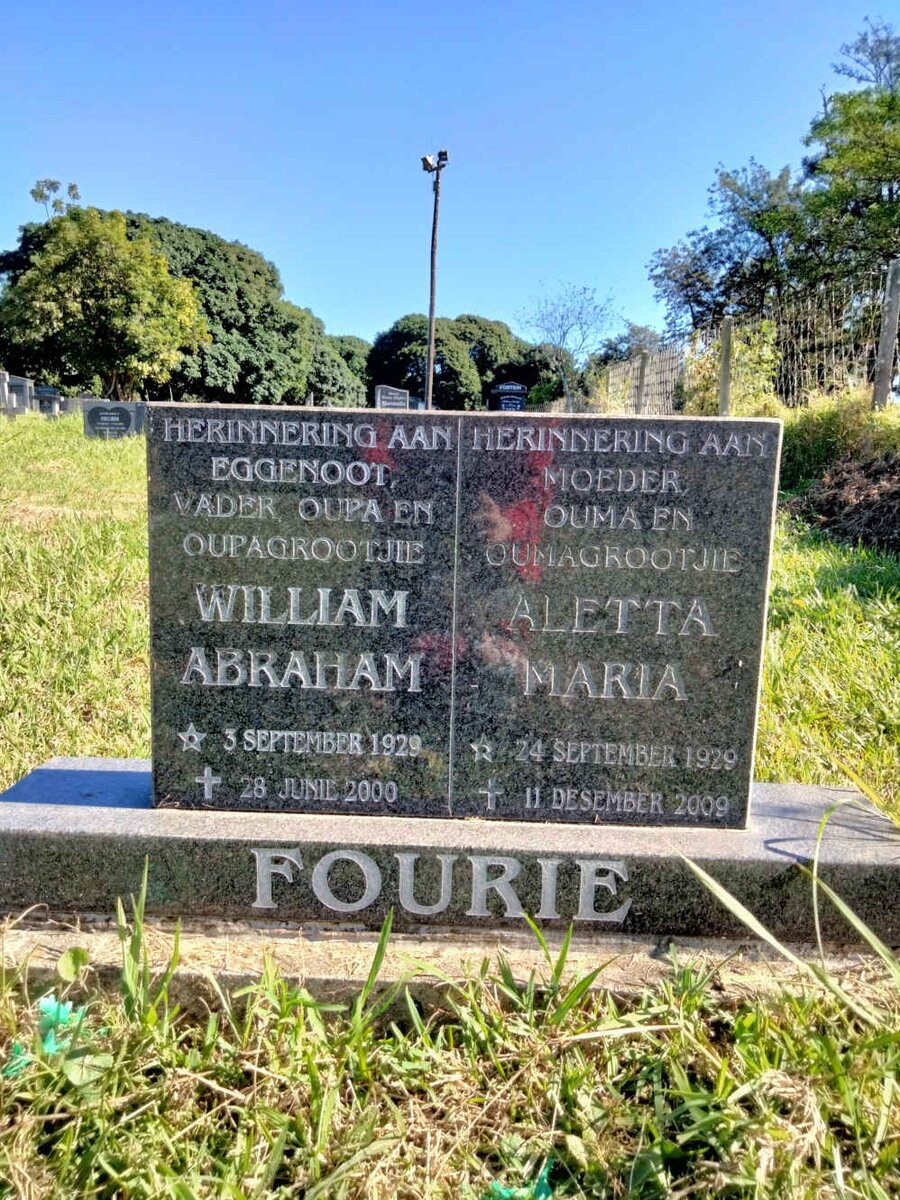 FOURIE William Abraham 1929-2000 & Aletta Maria1929-2009