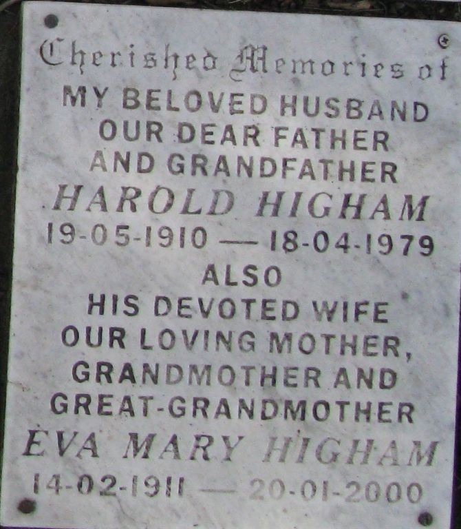 HIGHAM Harold 1910-1979 &amp; Eva Mary 1911-2000