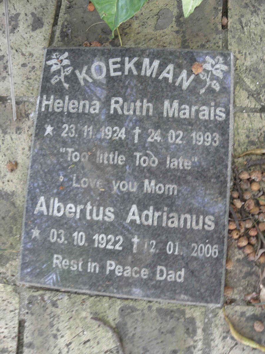 KOEKMAN Albertus Adrianus 1922-2006 &amp; Helena Ruth MARAIS 1924-1993