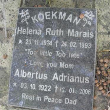 KOEKMAN Albertus Adrianus 1922-2006 &amp; Helena Ruth MARAIS 1924-1993