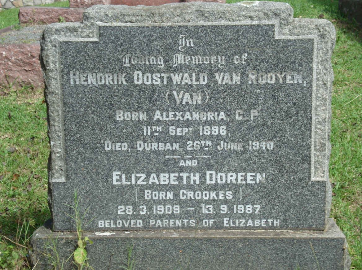 ROOYEN Hendrik Oostwald, van 1896-1940 &amp; Elizabeth Doreen CROOKES 1908-1987
