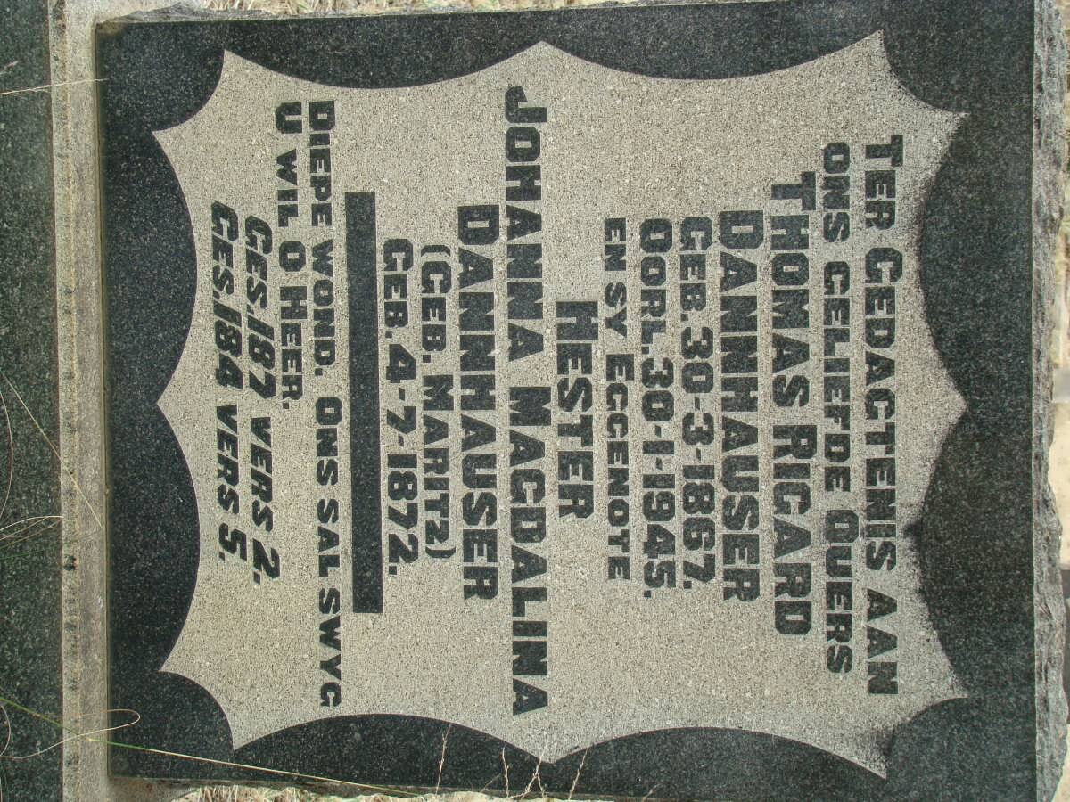 DANNHAUSER Thomas Rigard 1867-1945 &amp; Hester Johanna Magdalina MARITZ 1872-