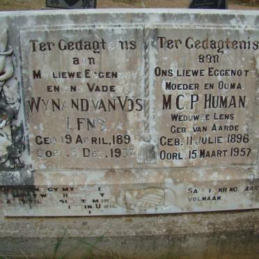 LENS Wynand van Vos 1891-1937 &amp; M.C.P. HUMAN formerly LENS nee VAN AARDE 1896-1957