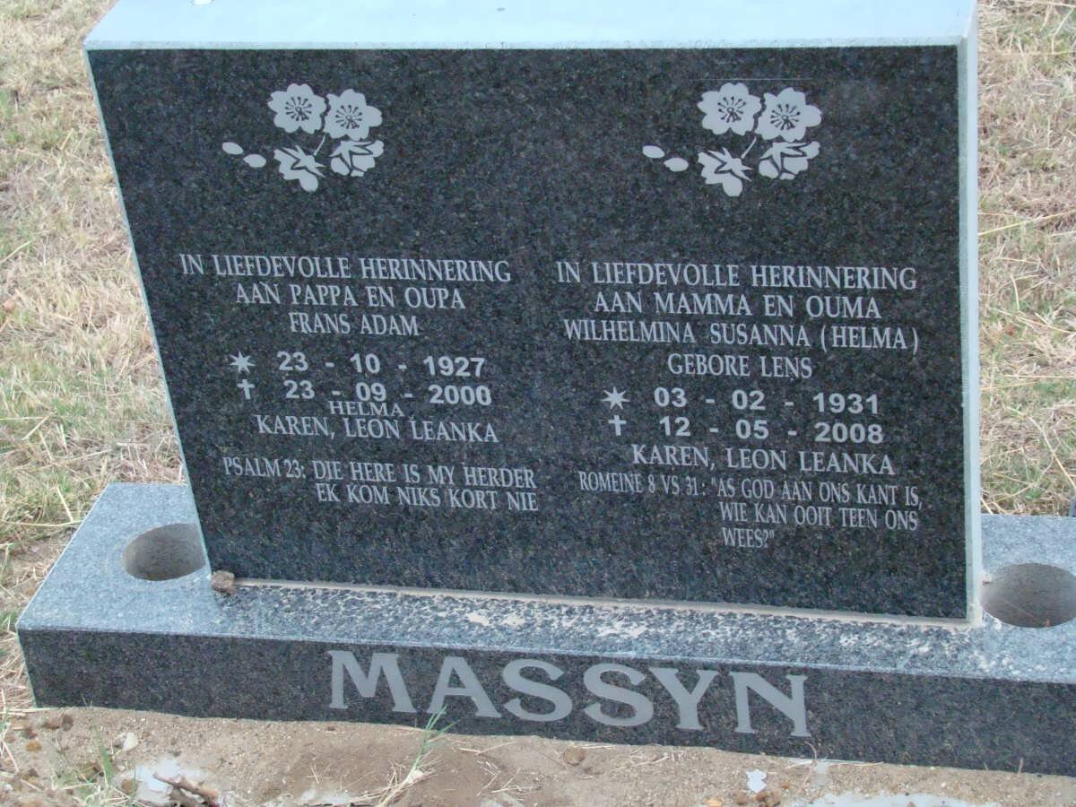 MASSYN Frans Adam 1927-2000 &amp; Wilhelmina Susanna LENS 1931-2008