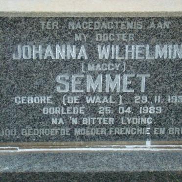 SEMMET Johanna Wilhelmina nee DE WAAL 1934-1989