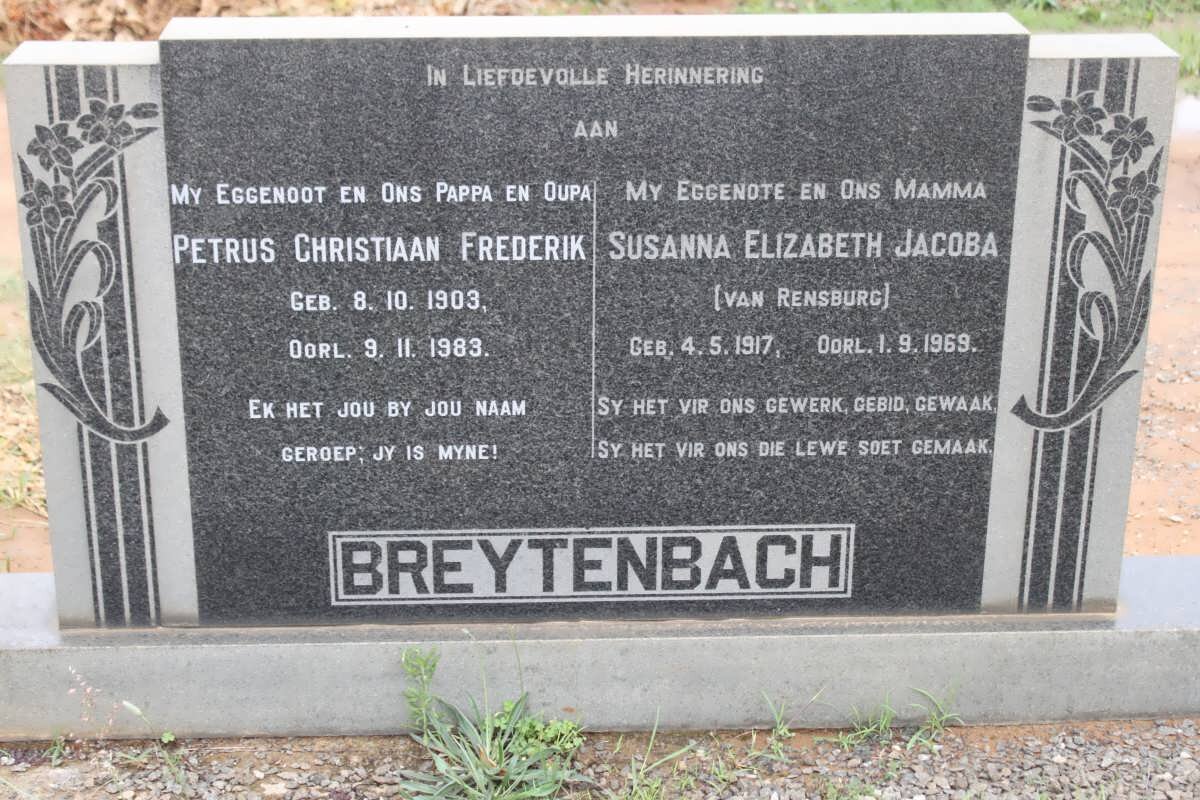 BREYTENBACH Petrus Christiaan Frederik 1903-1983 &amp; Susanna Elizabeth Jacoba VAN RENSBURG 1917-1969