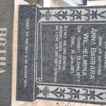 BOTHA Anna Barbara Wilhelmina nee SHORT 1877-1961
