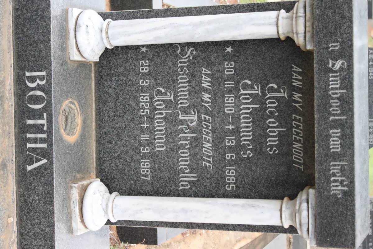 BOTHA Jacobus Johannes 1910-1985 &amp; Susanna Petronella Johanna 1925-1987