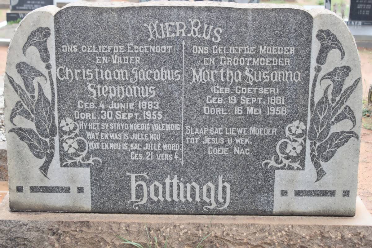 HATTINGH Christiaan Jacobus Stephanus 1883-1955 &amp; Martha Susanna COETSER 1881-1958