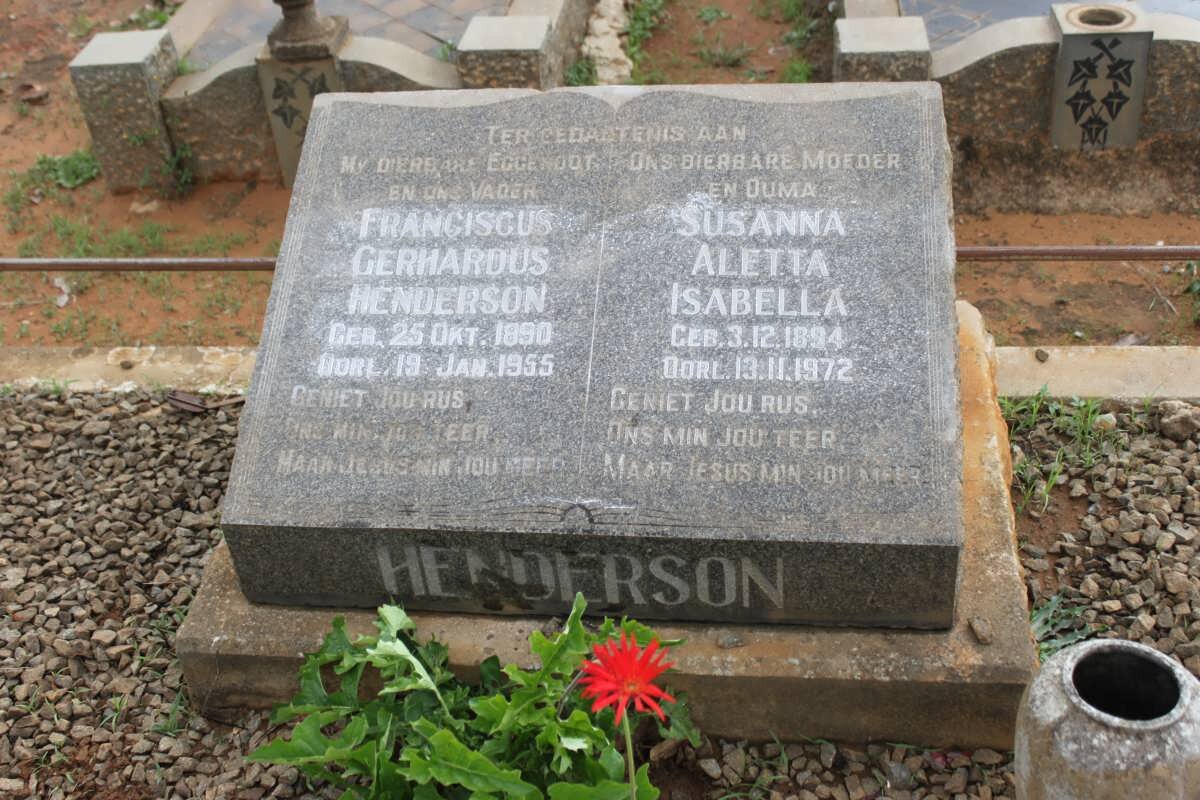 HENDERSON Franciscus Gerhardus 1890-1955 &amp; Susanna Aletta Isabella 1894-1972