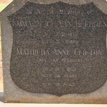 HEERDEN Emma Alice, van -1879 :: CLIFTON Matilda Anne nee VAN HEERDEN -1979