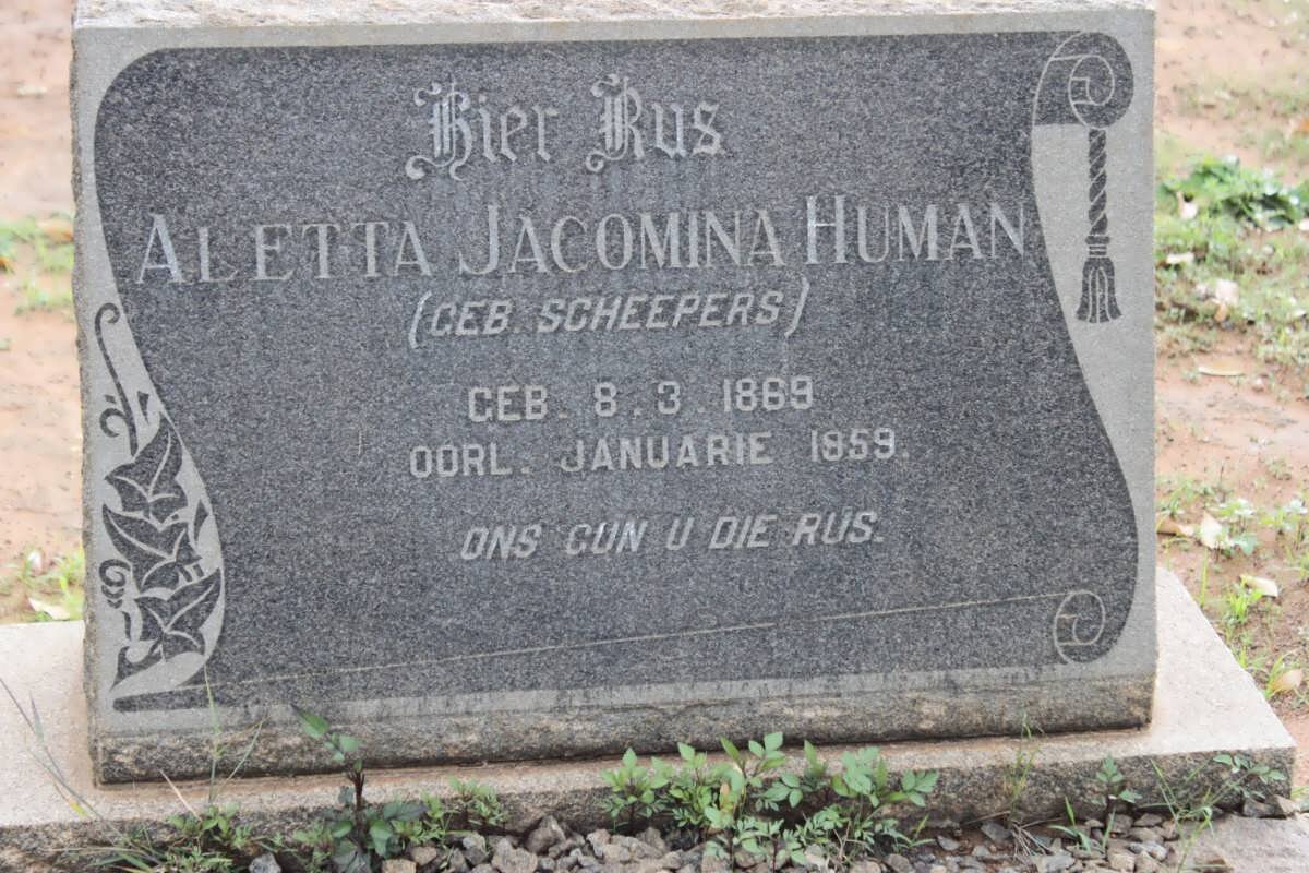 HUMAN Aletta Jacomina nee SCHEEPERS 1869-1959