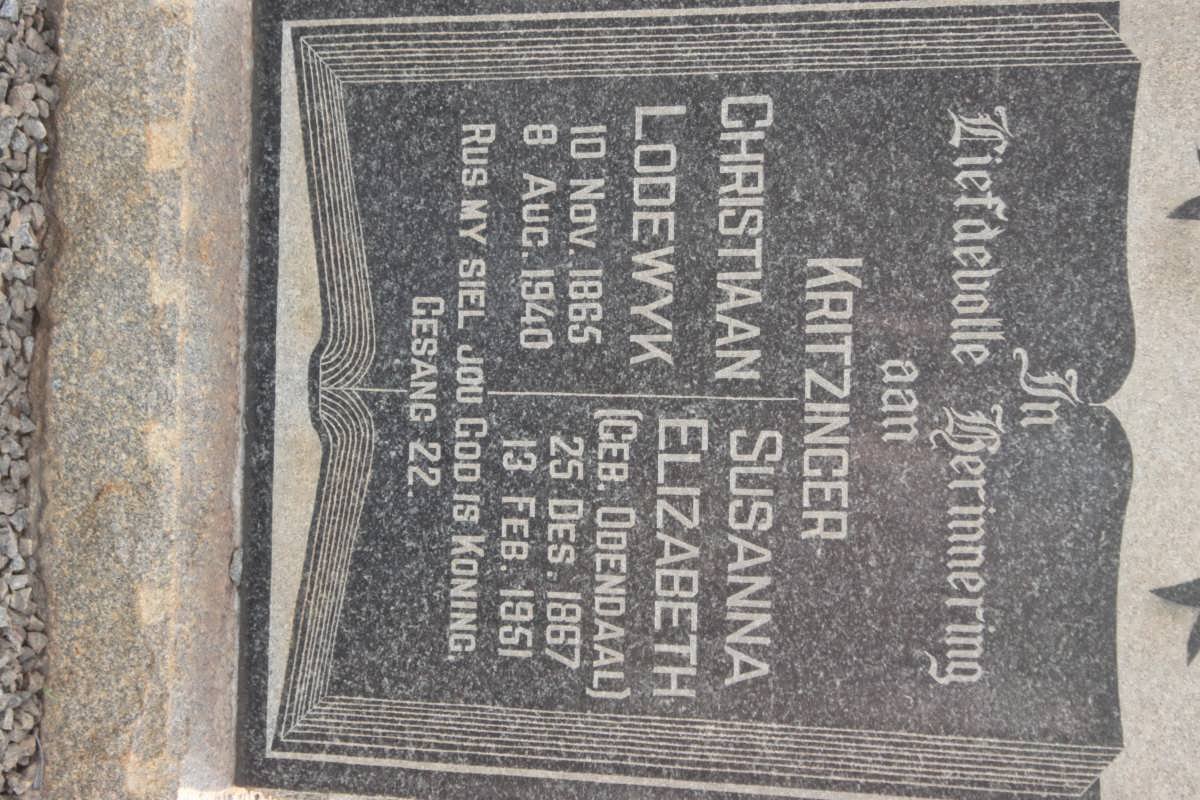 KRITZINGER Christiaan Lodewyk 1865-1940 &amp; Susanna Elizabeth ODENDAAL 1867-1951