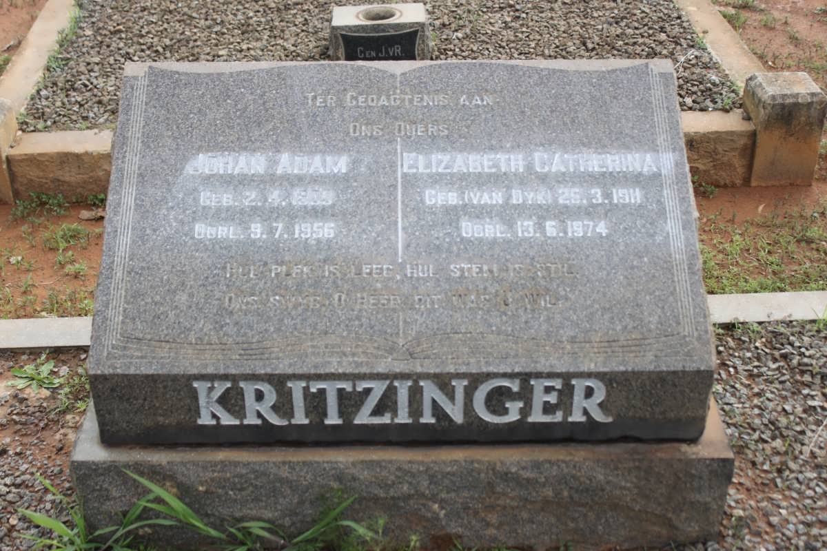 KRITZINGER Johan Adam 1869-1956 &amp; Elizabeth Catharina VAN DYK 1911-1974