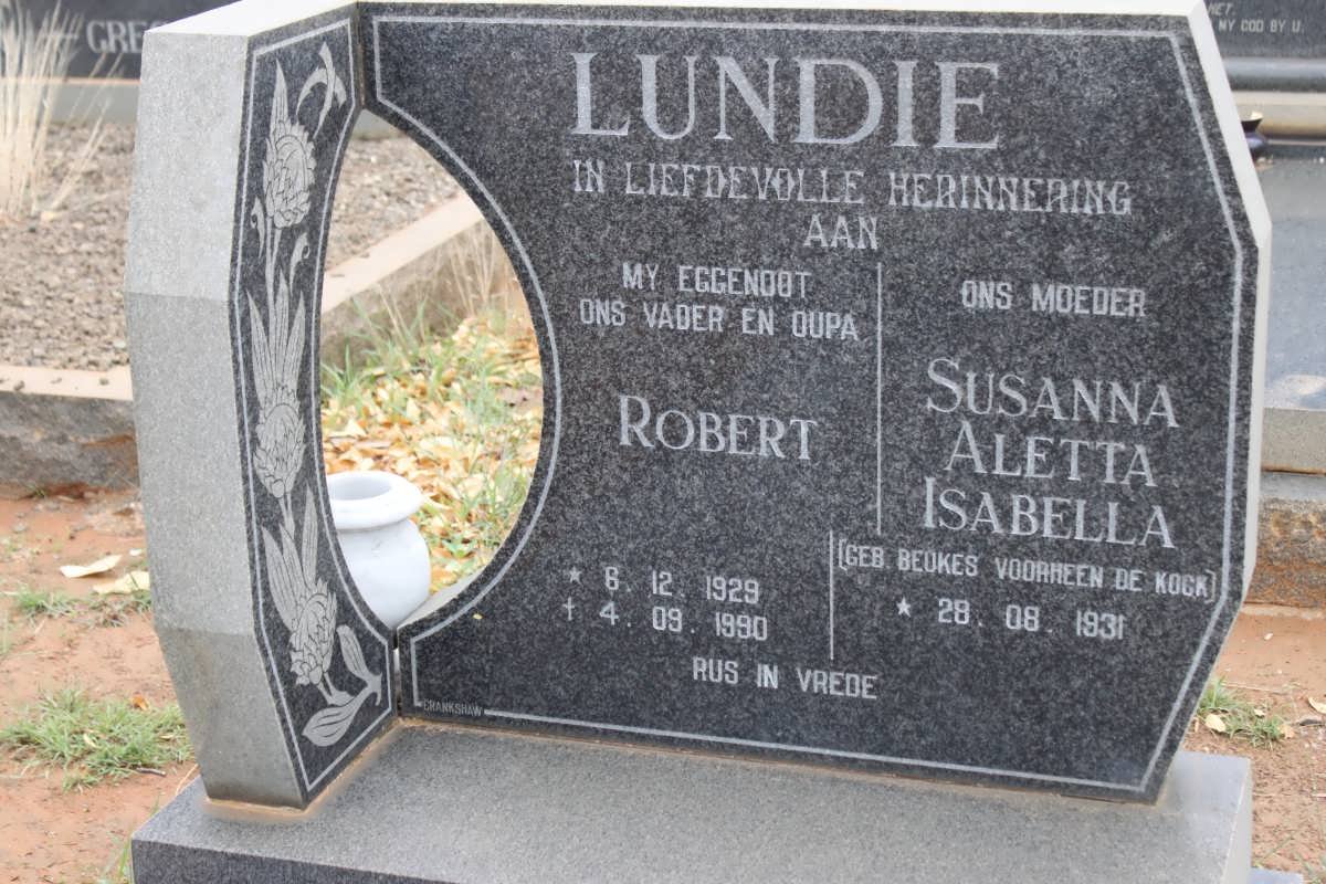 LUNDIE Robert 1929-1990 &amp; Susanna Aetta Isabella formely DE KOCK nee BEUKES 1931-