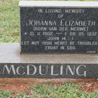 McDULING Johanna Elizabeth nee VAN DER MERWE 1902-1992