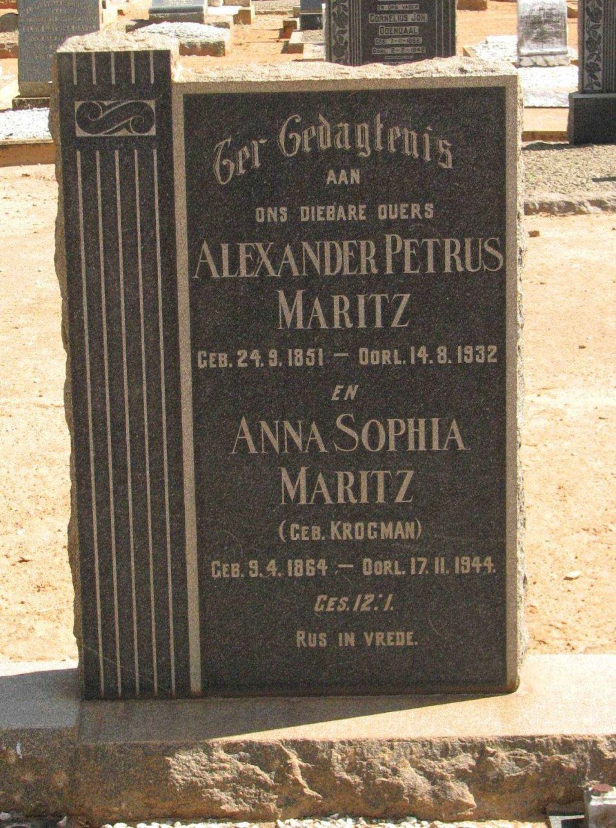MARITZ Alexander Petrus 1851-1932 &amp; Anna Sophia KROGMAN 1864-1944