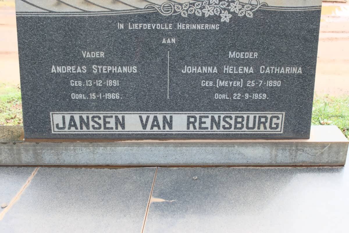 RENSBURG Andreas Stefanus, Jansen van 1891-1966 &amp; Johanna Helena Catharina MEYER 1890-1959