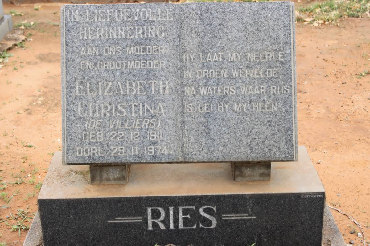 RIES Elizabeth Christina nee DE VILLIERS 1911-1974