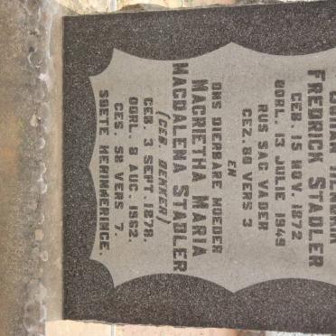 STADLER Johan Hendrik Fredrick 1872-1949 &amp; Magrietha Maria Magdalena DEKKER 1878-1962