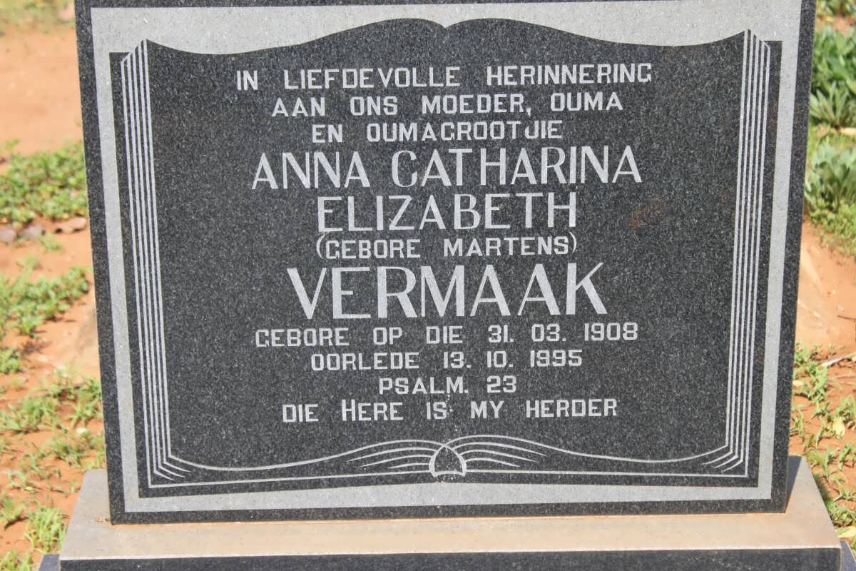 VERMAAK Anna Catharina Elizabeth nee Martens 1908-1995