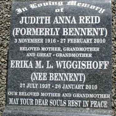 REID Judith Anna formerly BENNENT 1916-2010 :: WIGGISHOFF Erika M.L. nee BENNENT 1937-2010