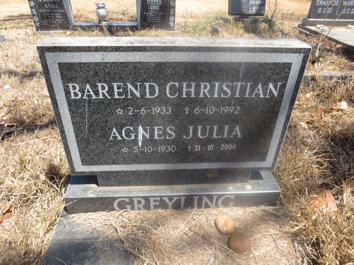 GREYLING Barend Christian 1933-1992 & Agnes Julia 1930-2004
