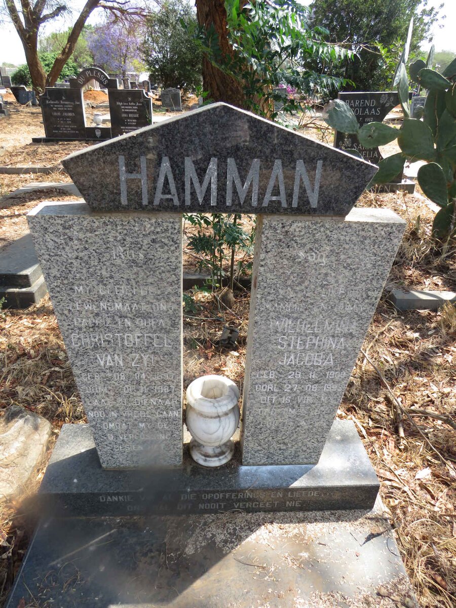 HAMMAN Christoffel van Zyl 1897-1987 & Wilhelmina Stephina Jacoba 1909-199?