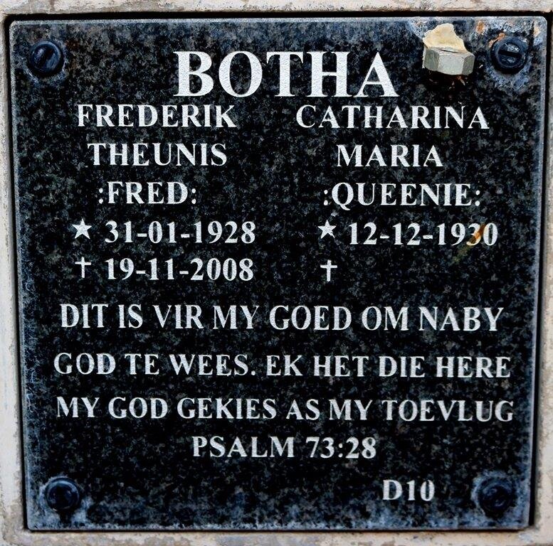 BOTHA Frederik Theunis 1928-2008 &amp; Catharina Maria 1930-