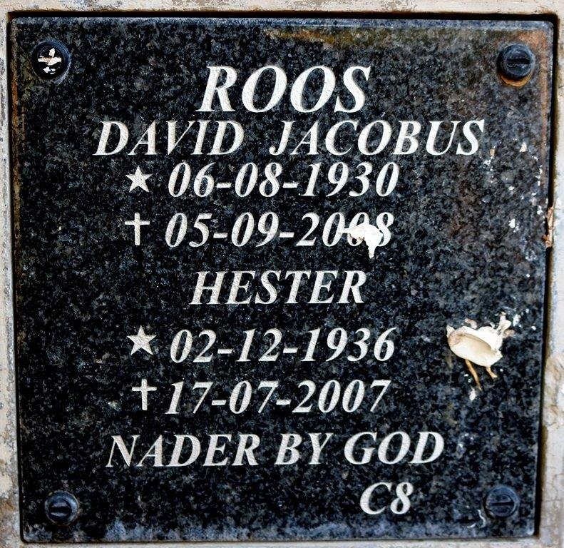 ROOS David Jacobus 1930-2008 &amp; Hester 1936-2007