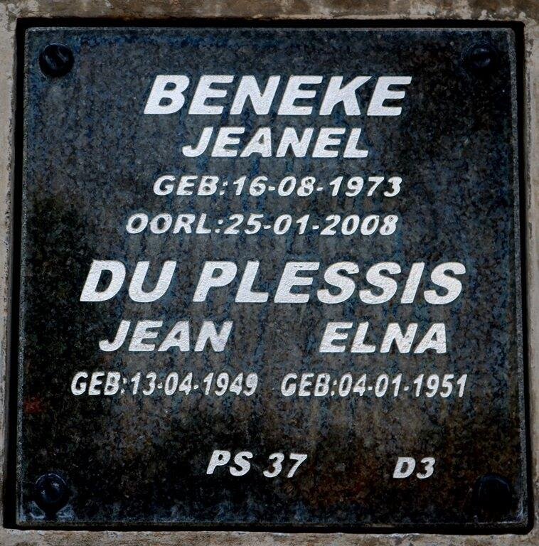PLESSIS Jean, du 1949- &amp; Elna 1951- :: BENEKE Jeanel 1973-2008
