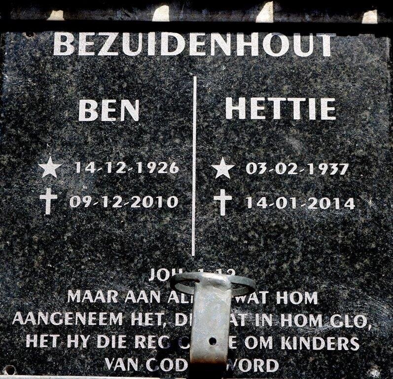 BEZUIDENHOUT Ben 1926-2010 &amp; Hettie 1937-2014