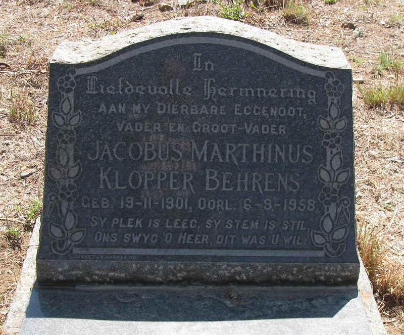 BEHRENS Jacobus Marthinus Klopper 1901-1958