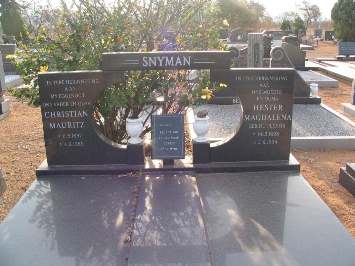 SNYMAN Christian Mauritz 1897-1989 &amp; Hester Magdalena DU PESSIS 1898-1994