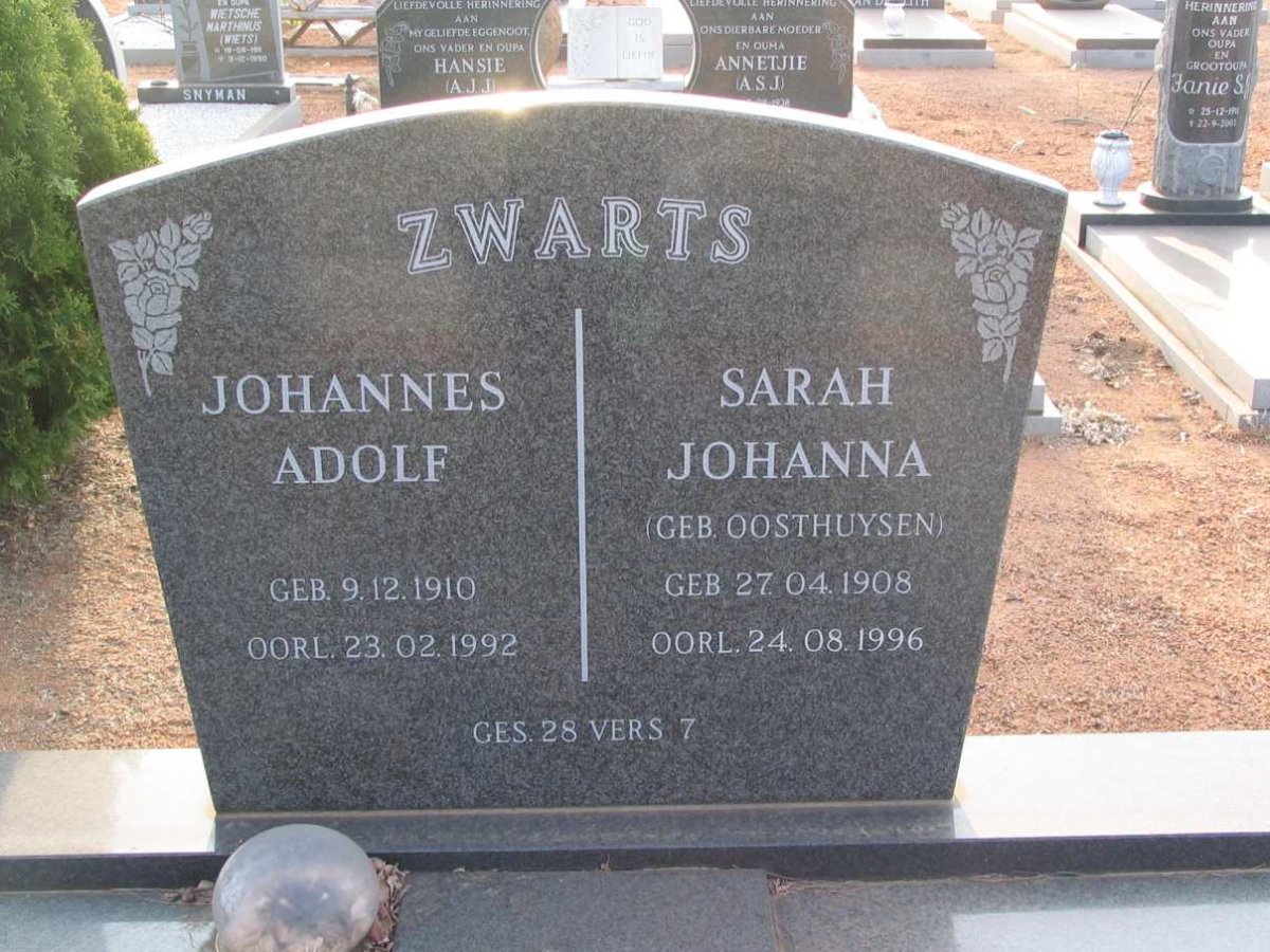 ZWARTS Johannes Adolf 1910-1992 &amp; Sarah Johanna OOSTHUYSEN 1908-1996