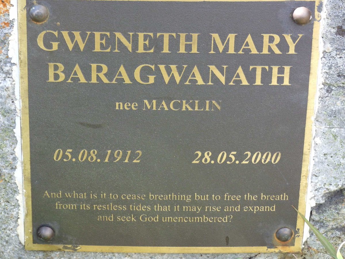 BARAGWANATH Gweneth Mary nee MACKLIN 1912-2000