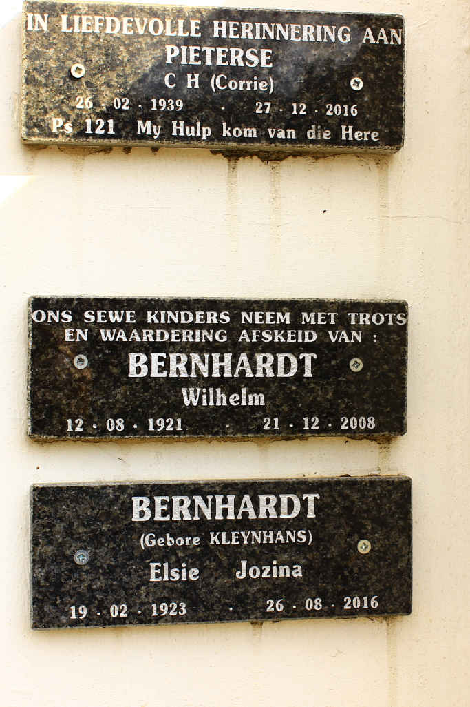 PIETERSE C.H. 1939-2016 :: BERNHARDT Wilhelm 1921-2008 &amp; Elsie Jozina KLEYNHANS 1923-2016
