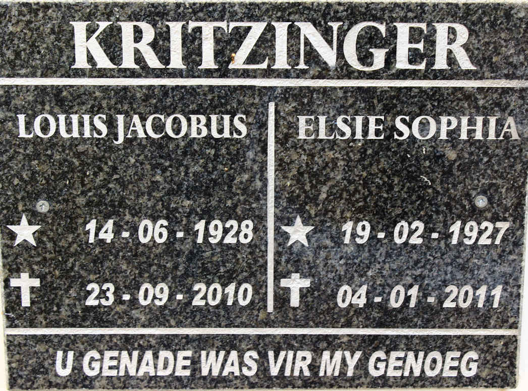 KRITZINGER Louis Jacobus 1928-2010 &amp; Elsie Sophia 1927-2011