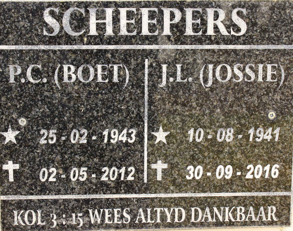 SCHEEPERS P.C. 1943-2012 &amp; J.L. 1941-2016