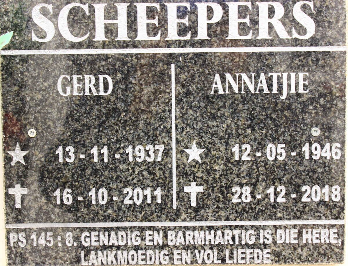 SCHEEPERS Gerd 1937-2011 &amp; Annatjie 1946-2018