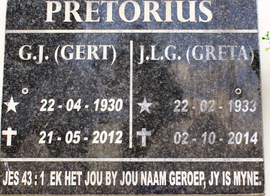PRETORIUS G.J. 1930-2012 &amp; J.L.G. 1933-2014