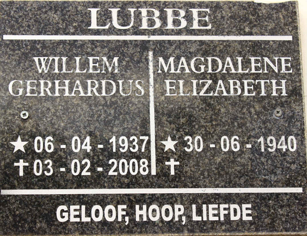 LUBBE Willem Gerhardus 1937-2008 &amp; Magdalene Elizabeth 1940-