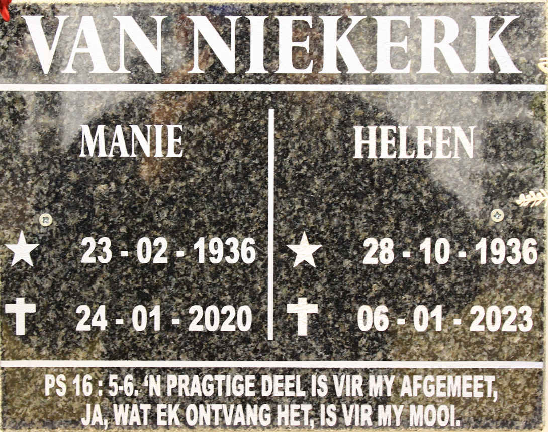 NIEKERK Manie, van 1936-2020 &amp; Heleen 1936-2023