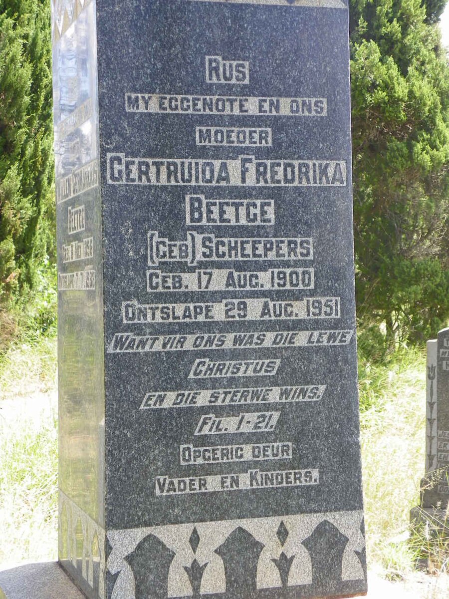 BEETGE Gertruida Fredrika nee SCHEEPERS 1900-1951